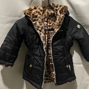 Toddler 2T Reversible DKNY Black Puffer Jacket with Gold Logo Buttons